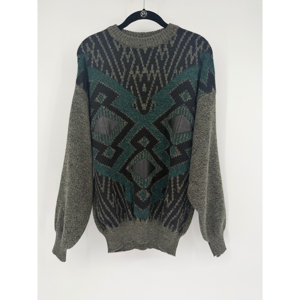 Vintage Oakton Limited Mens Sm Geometri Leather Trim Wool Blend Sweater Italy